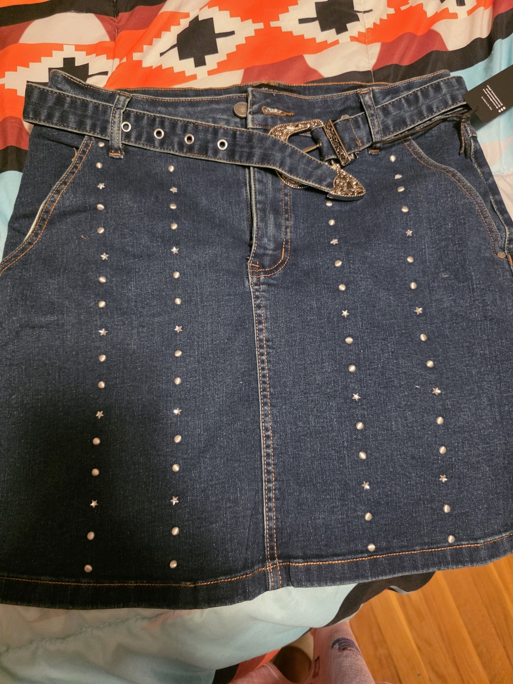 Dark Blue Studded Denim Mini Skirt with Decorative Belt